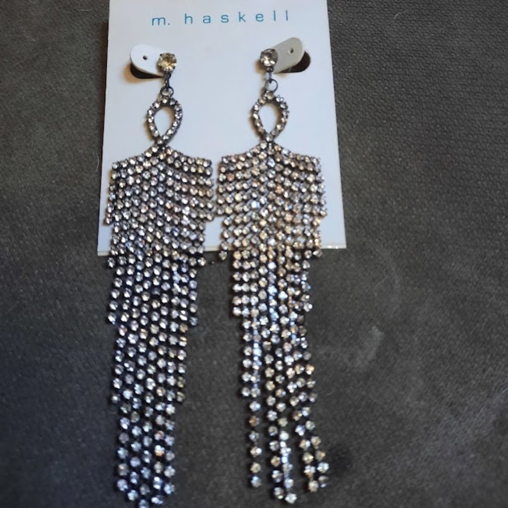 M. Haskell Long Rhinestone Gunmetal Chandelier Earrings Nwt